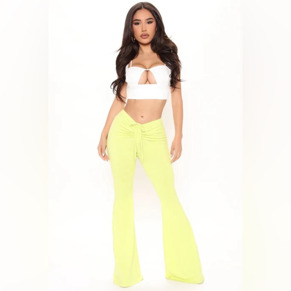 Fashion Nova HighWaist Flare Pants with Tie Waist chartreuse bright yellow/green